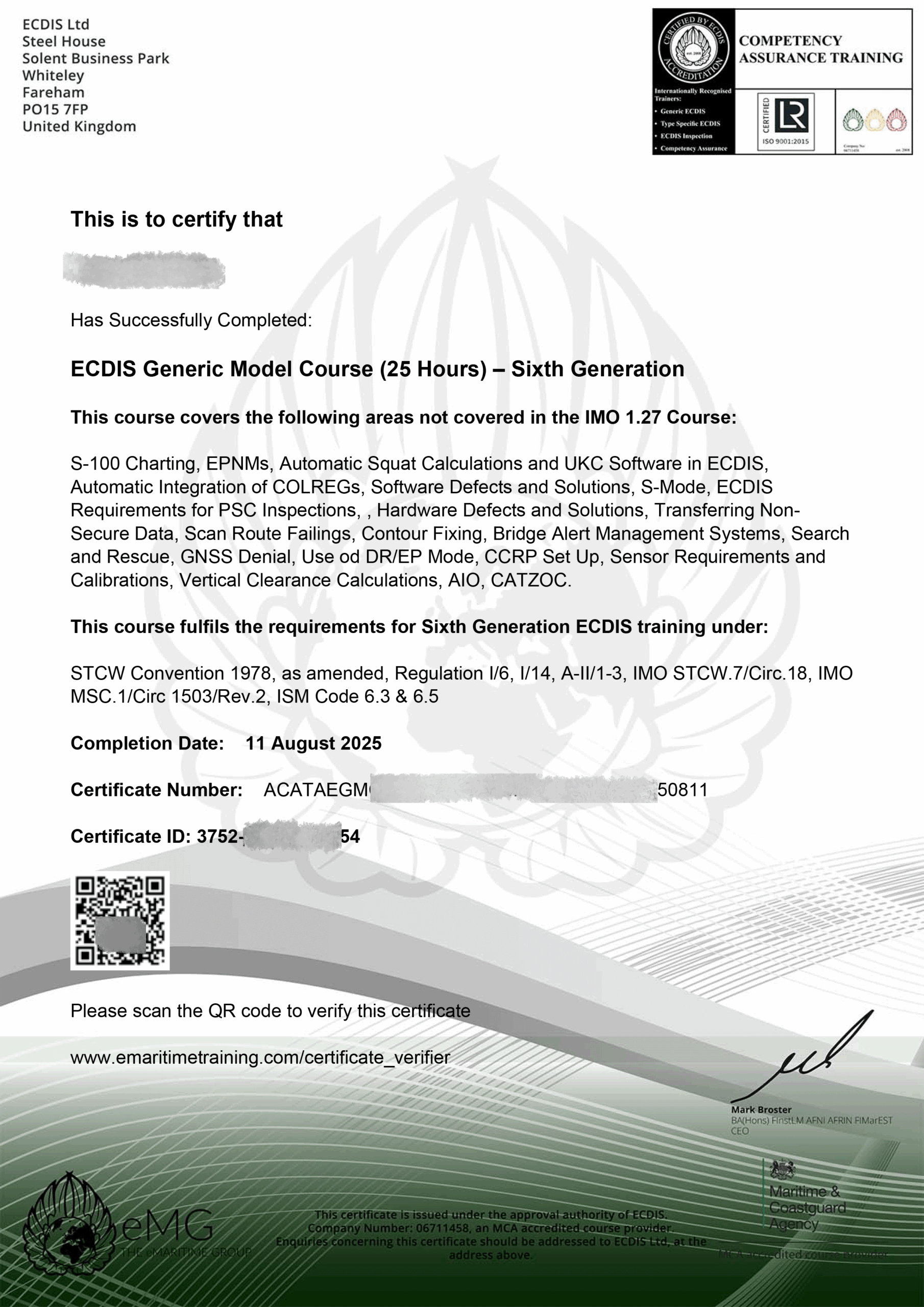 ECDIS-Generic-Sixth-Generation-eMaritime-Training certificate