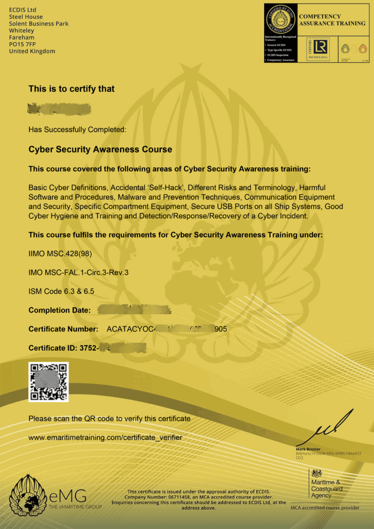 CYBER SECURITY AWARENESS COURSE SAMPLE CERTIFICATE